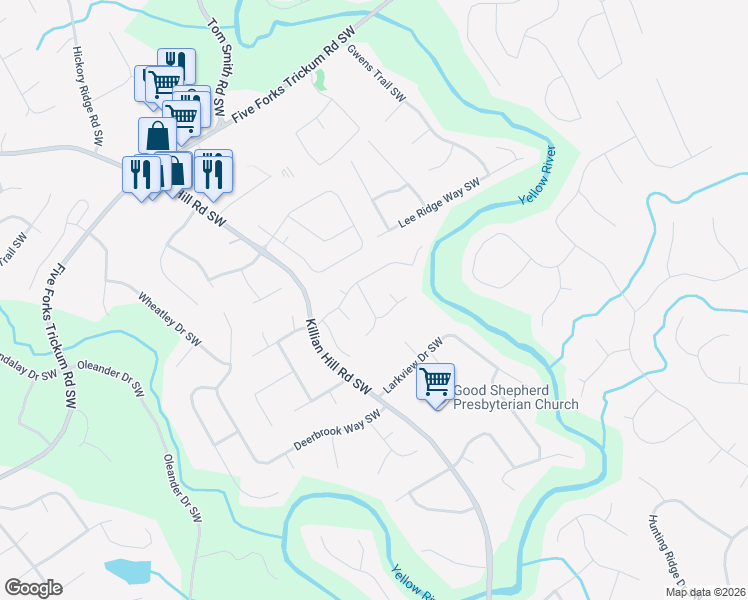 map of restaurants, bars, coffee shops, grocery stores, and more near 1240 Killian Shoals Way Southwest in Lilburn