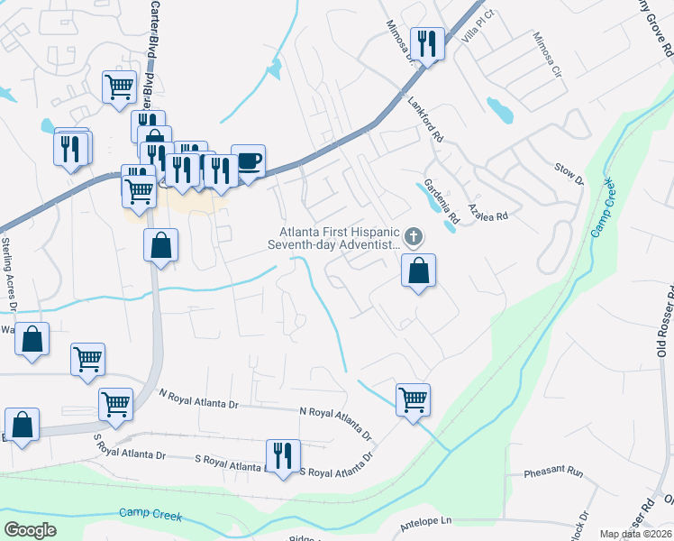 map of restaurants, bars, coffee shops, grocery stores, and more near 6202 Thorncrest Drive in Tucker