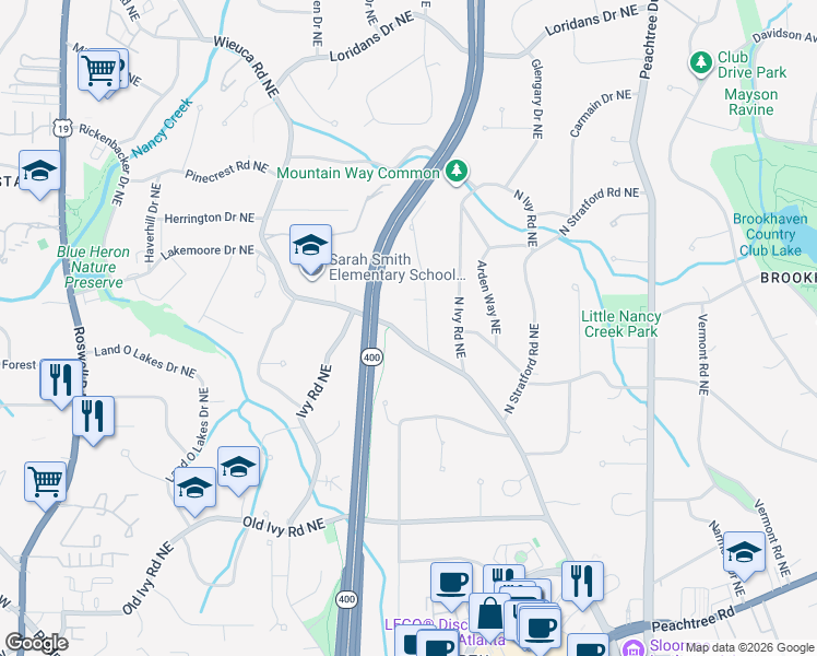 map of restaurants, bars, coffee shops, grocery stores, and more near 4037 Wieuca Road Northeast in Atlanta