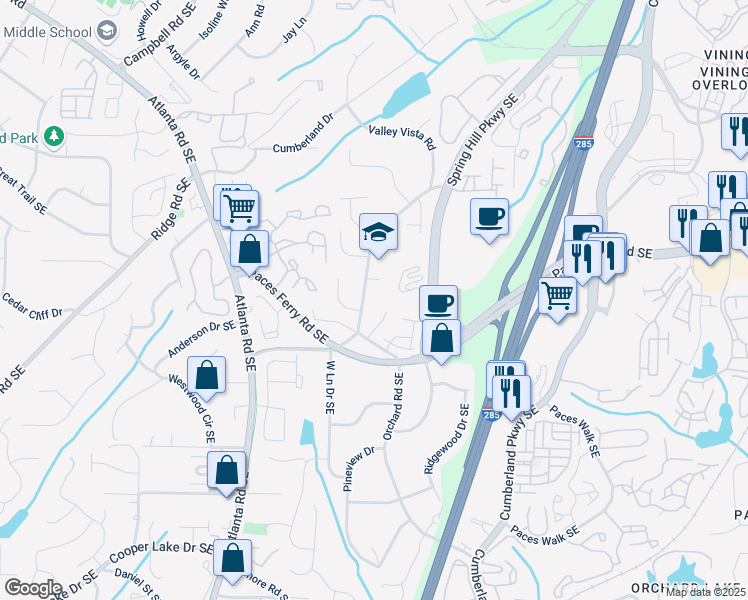 map of restaurants, bars, coffee shops, grocery stores, and more near 3689 Spring Hill Road Southeast in Smyrna