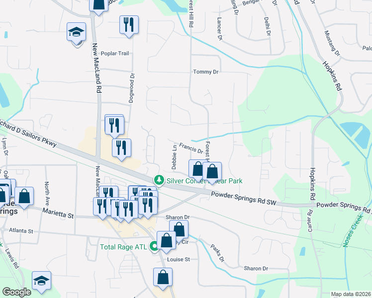 map of restaurants, bars, coffee shops, grocery stores, and more near 3898 Francis Drive in Powder Springs