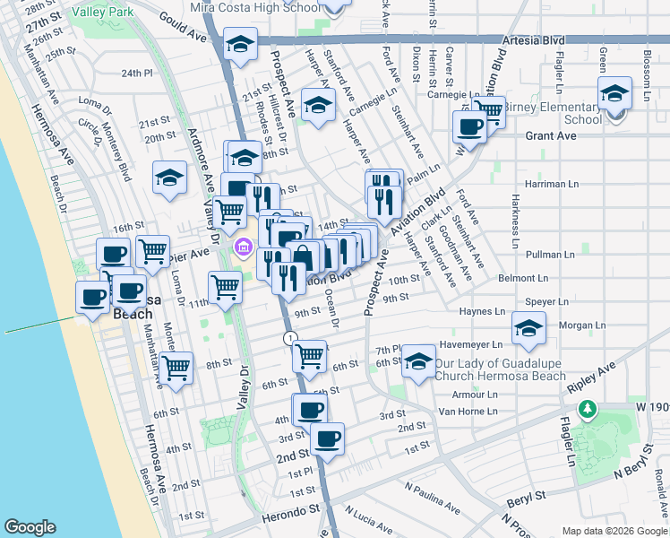 map of restaurants, bars, coffee shops, grocery stores, and more near 1204 Bonnie Brae Street in Hermosa Beach