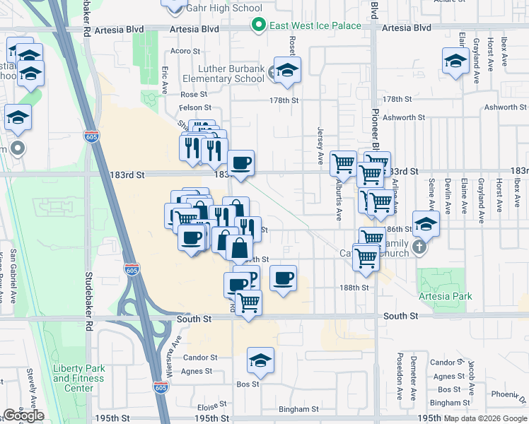 map of restaurants, bars, coffee shops, grocery stores, and more near 18416 Summer Avenue in Artesia