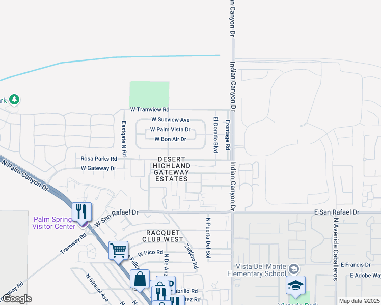 map of restaurants, bars, coffee shops, grocery stores, and more near 343 West Avenue Cerca in Palm Springs