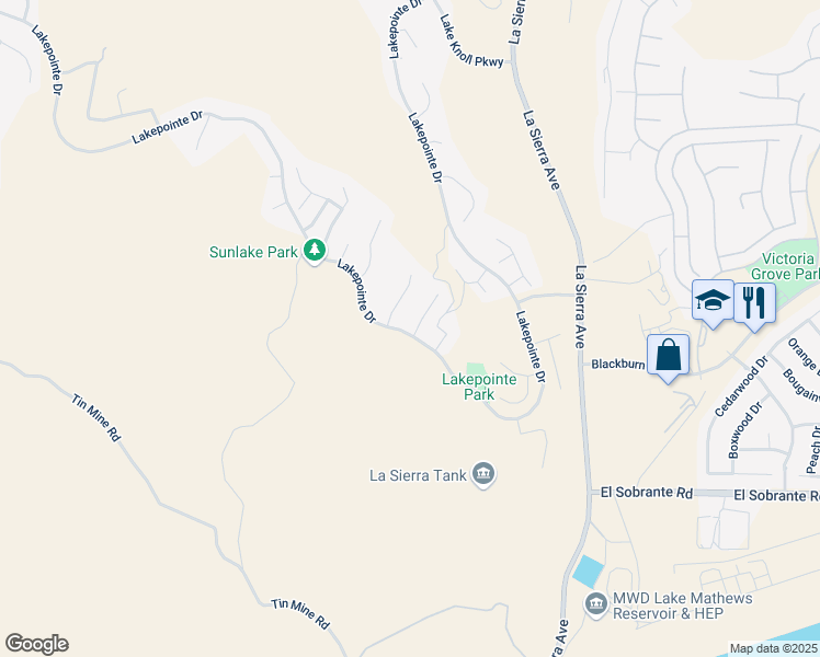 map of restaurants, bars, coffee shops, grocery stores, and more near 17683 Morning Sun Court in Riverside
