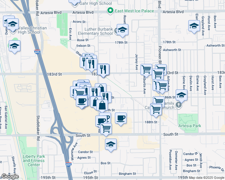 map of restaurants, bars, coffee shops, grocery stores, and more near 18416 Summer Avenue in Artesia