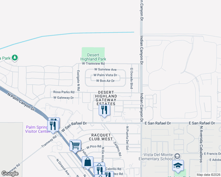 map of restaurants, bars, coffee shops, grocery stores, and more near 373 West Avenida Cerca in Palm Springs