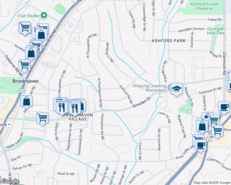 map of restaurants, bars, coffee shops, grocery stores, and more near 2618 Ashford Road Northeast in Atlanta