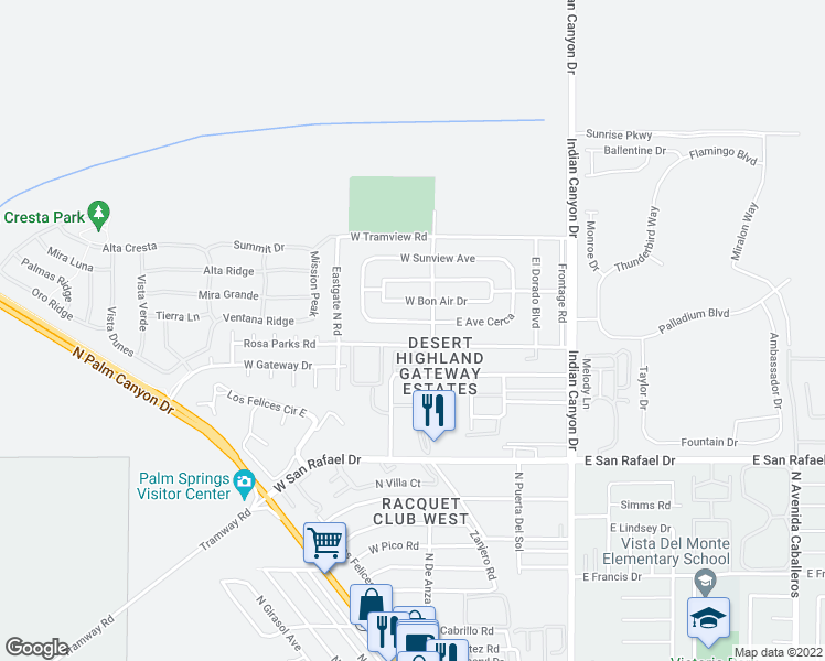 map of restaurants, bars, coffee shops, grocery stores, and more near 431 W Avenida Cerca in Palm Springs