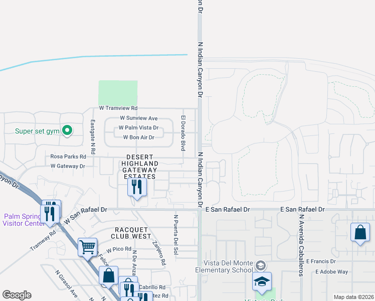 map of restaurants, bars, coffee shops, grocery stores, and more near 3760 El Dorado Boulevard in Palm Springs