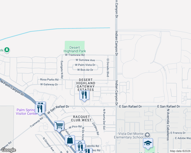 map of restaurants, bars, coffee shops, grocery stores, and more near 343 West Avenida Cerca in Palm Springs