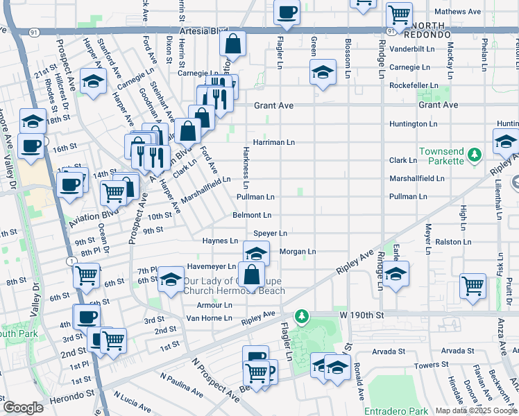map of restaurants, bars, coffee shops, grocery stores, and more near 1809 Belmont Lane in Redondo Beach