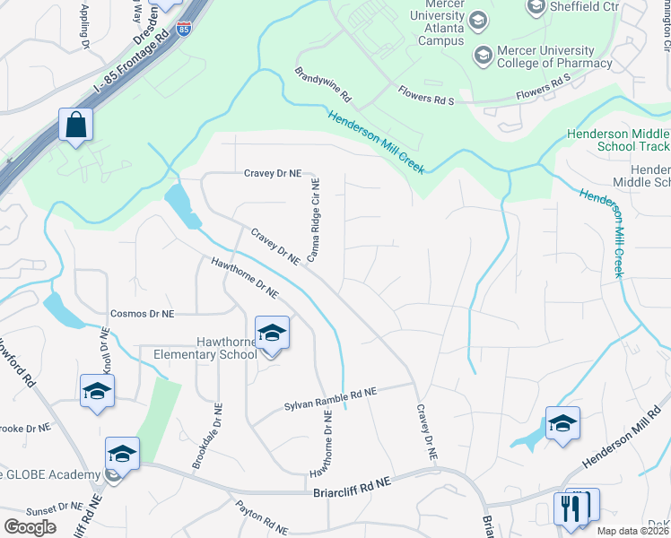 map of restaurants, bars, coffee shops, grocery stores, and more near 2640 Braithwood Road Northeast in Atlanta