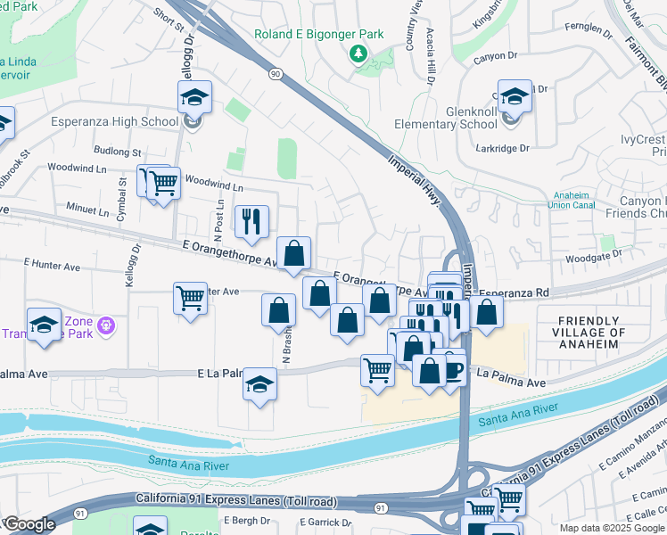 map of restaurants, bars, coffee shops, grocery stores, and more near 5440 East Snow Wood Circle in Anaheim