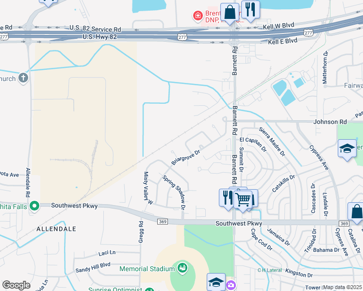 map of restaurants, bars, coffee shops, grocery stores, and more near 4618 Trailwood Drive in Wichita Falls