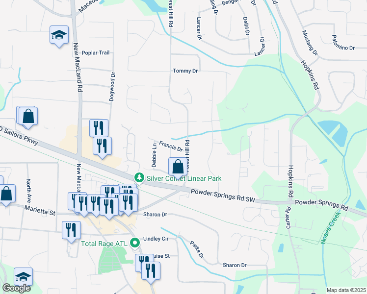 map of restaurants, bars, coffee shops, grocery stores, and more near 3872 Francis Drive in Powder Springs