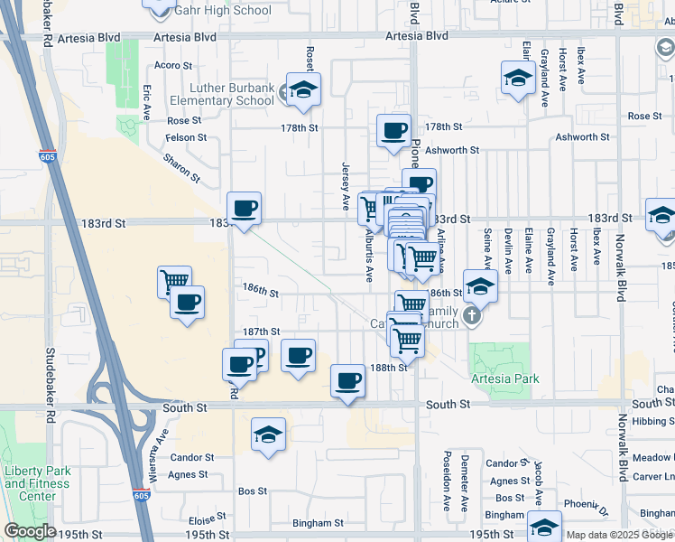 map of restaurants, bars, coffee shops, grocery stores, and more near 11607 185th Street in Artesia