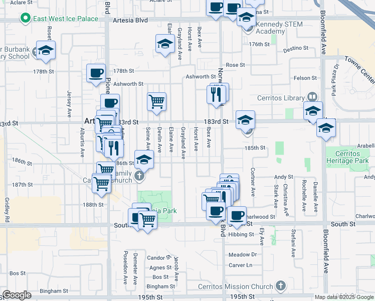 map of restaurants, bars, coffee shops, grocery stores, and more near 18502 Grayland Avenue in Artesia