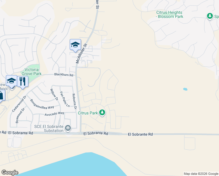 map of restaurants, bars, coffee shops, grocery stores, and more near 17722 Col Ranch Drive in Riverside