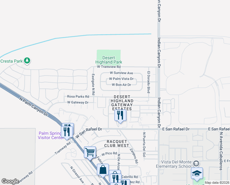 map of restaurants, bars, coffee shops, grocery stores, and more near 431 West Avenida Cerca in Palm Springs