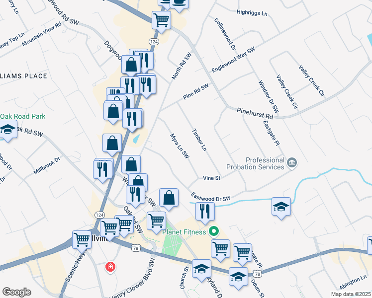 map of restaurants, bars, coffee shops, grocery stores, and more near 2208 Myra Lane Southwest in Snellville