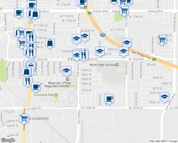 map of restaurants, bars, coffee shops, grocery stores, and more near 3822 184th Street in Torrance
