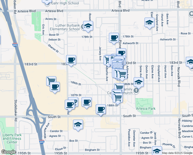 map of restaurants, bars, coffee shops, grocery stores, and more near 11607 185th Street in Artesia