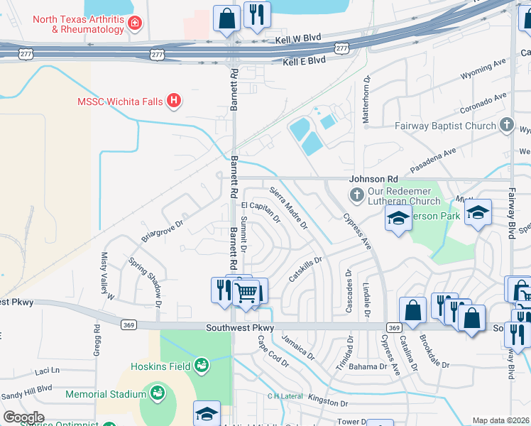 map of restaurants, bars, coffee shops, grocery stores, and more near 4612 El Capitan Drive in Wichita Falls