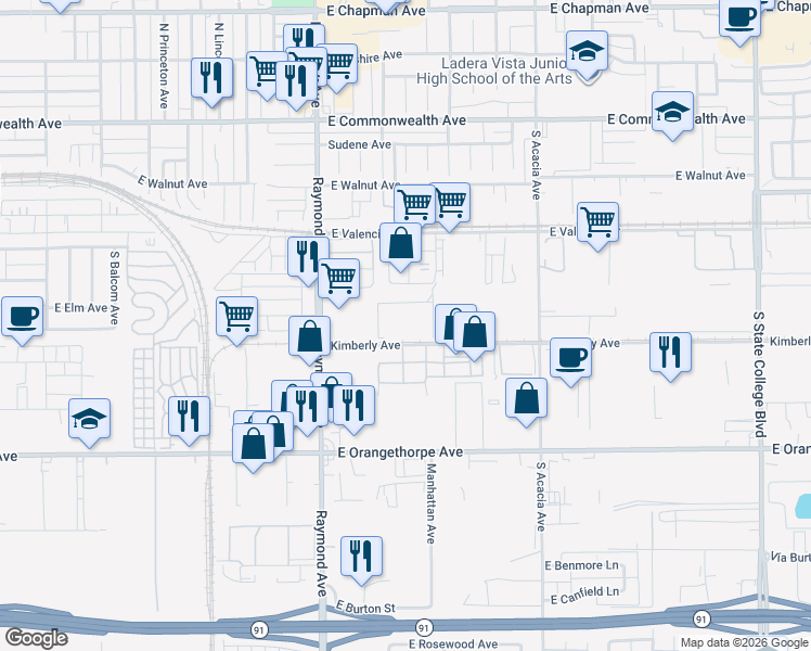 map of restaurants, bars, coffee shops, grocery stores, and more near 701 Sally Place in Fullerton