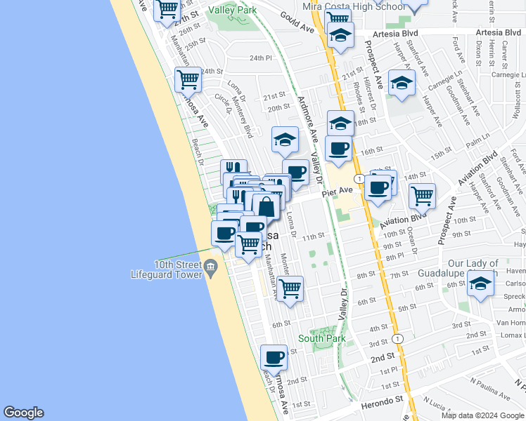 map of restaurants, bars, coffee shops, grocery stores, and more near 1342 Manhattan Avenue in Hermosa Beach