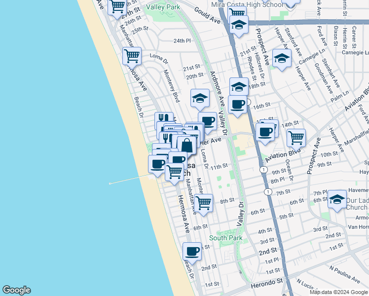 map of restaurants, bars, coffee shops, grocery stores, and more near 1342 Manhattan Avenue in Hermosa Beach