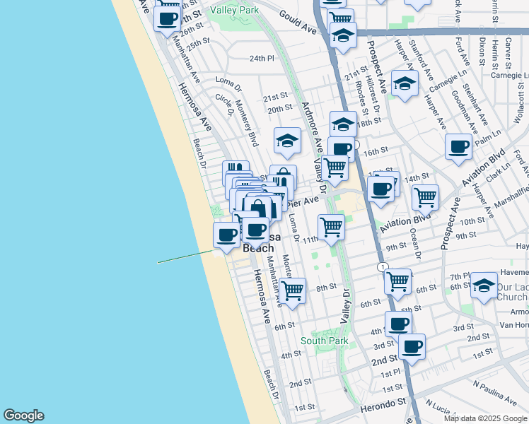 map of restaurants, bars, coffee shops, grocery stores, and more near 1344 Manhattan Avenue in Hermosa Beach