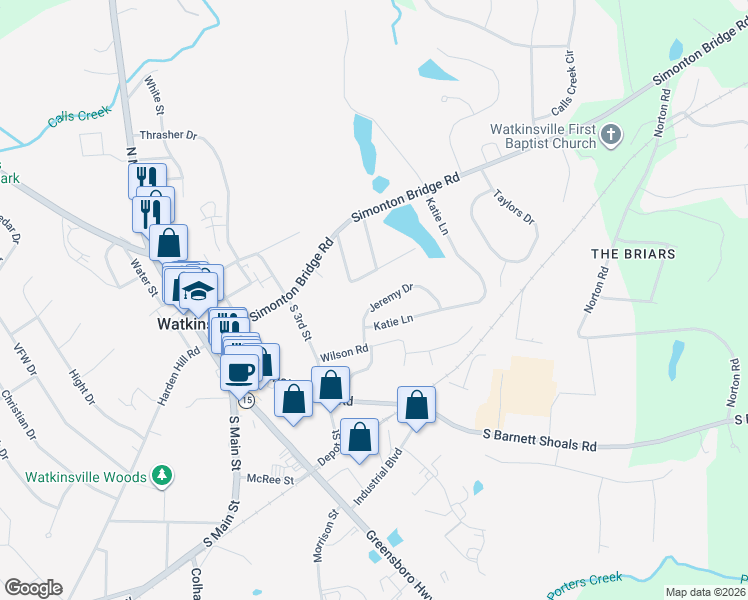 map of restaurants, bars, coffee shops, grocery stores, and more near 1081 Jeremy Drive in Watkinsville
