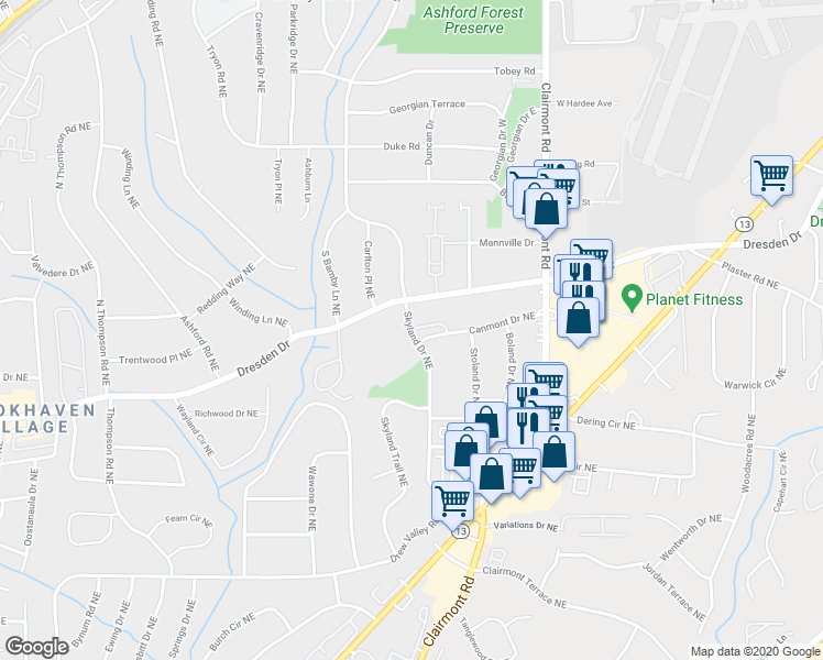 map of restaurants, bars, coffee shops, grocery stores, and more near 1255 South Garden Court Northeast in Atlanta