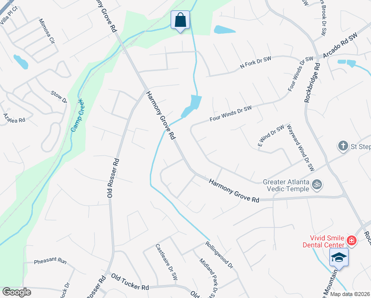 map of restaurants, bars, coffee shops, grocery stores, and more near 252 Harmony Grove Road in Lilburn