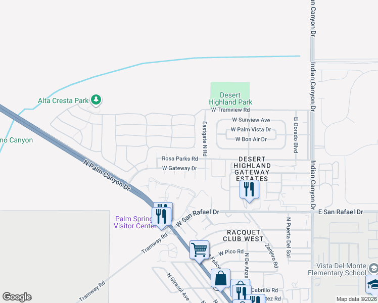 map of restaurants, bars, coffee shops, grocery stores, and more near 300 South Calle El Segundo in Palm Springs