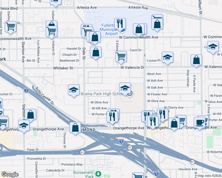 map of restaurants, bars, coffee shops, grocery stores, and more near 4201 West Oak Avenue in Fullerton