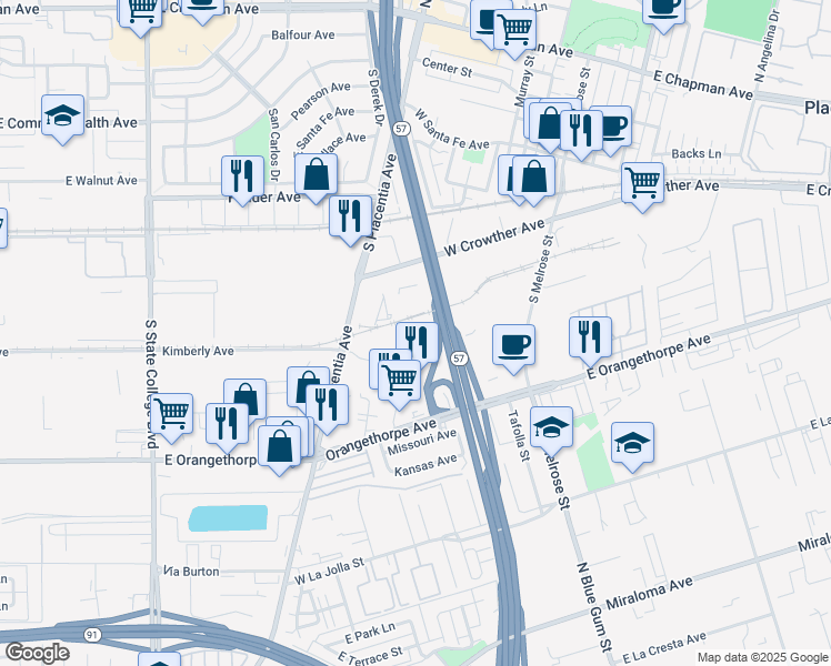 map of restaurants, bars, coffee shops, grocery stores, and more near 701 West Kimberly Avenue in Placentia