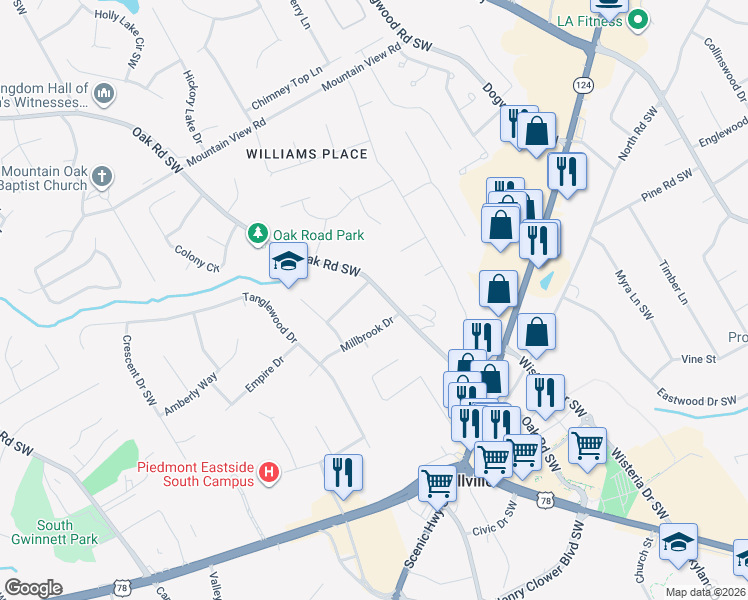 map of restaurants, bars, coffee shops, grocery stores, and more near 2045 Oak Road Southwest in Snellville