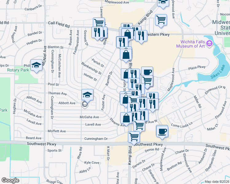 map of restaurants, bars, coffee shops, grocery stores, and more near 2815 Montgomery Place in Wichita Falls