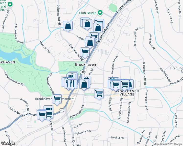 map of restaurants, bars, coffee shops, grocery stores, and more near 1290 Oaklawn Avenue Northeast in Atlanta