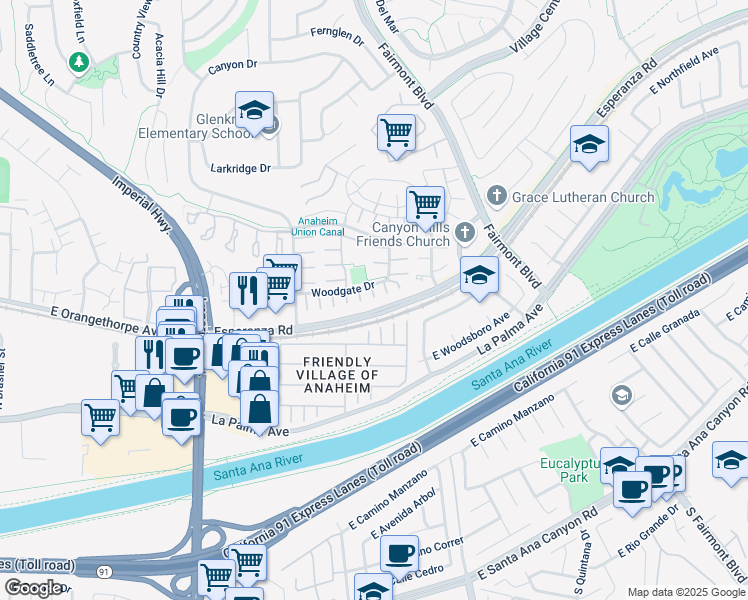 map of restaurants, bars, coffee shops, grocery stores, and more near 6821 Rocky Grove Court in Yorba Linda