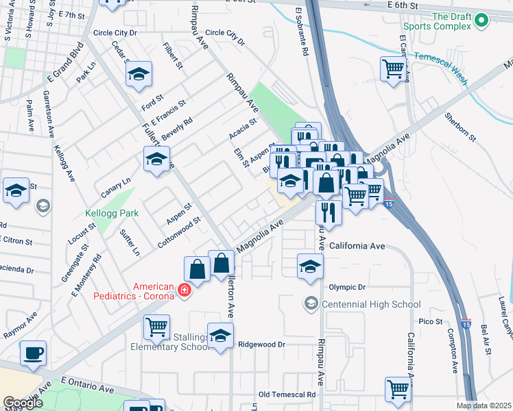 map of restaurants, bars, coffee shops, grocery stores, and more near 1610 Raintree Place in Corona