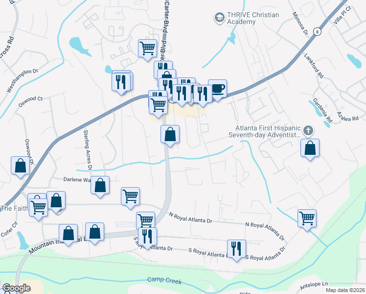 map of restaurants, bars, coffee shops, grocery stores, and more near 2643 Tucker Valley Road in Tucker