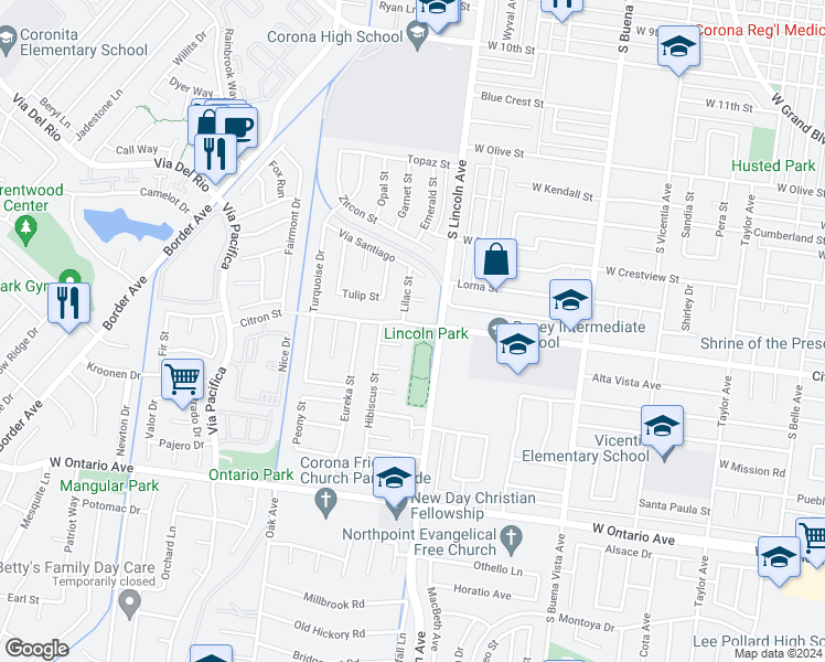 map of restaurants, bars, coffee shops, grocery stores, and more near 1120 Citron Street in Corona