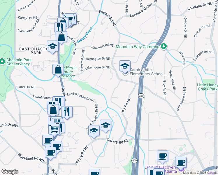 map of restaurants, bars, coffee shops, grocery stores, and more near 3994 Whittington Drive Northeast in Atlanta