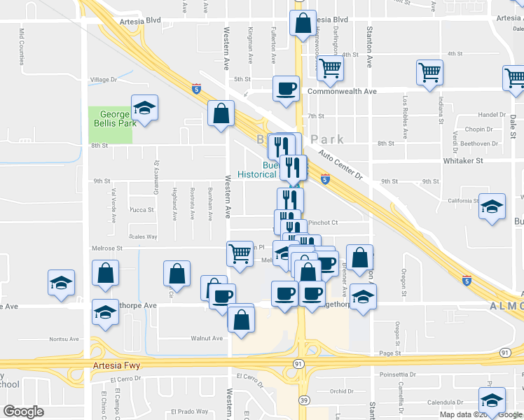 map of restaurants, bars, coffee shops, grocery stores, and more near 7601 10th Street in Buena Park