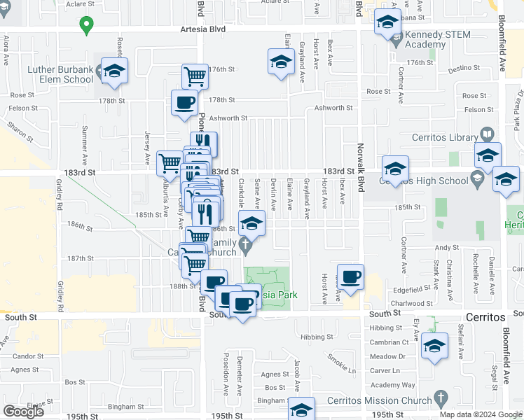 map of restaurants, bars, coffee shops, grocery stores, and more near 18502 Seine Avenue in Artesia