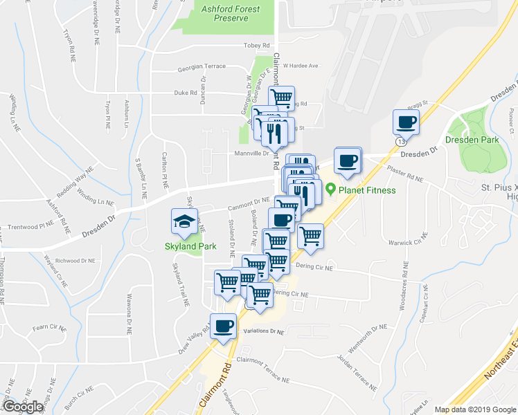 map of restaurants, bars, coffee shops, grocery stores, and more near 1907 Canmont Drive Northeast in Atlanta