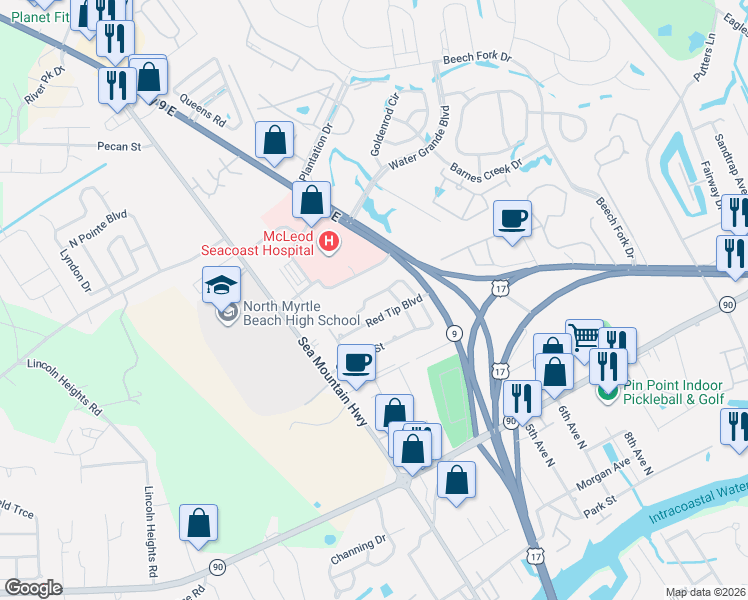 map of restaurants, bars, coffee shops, grocery stores, and more near 340 Robin Hood Circle in Little River